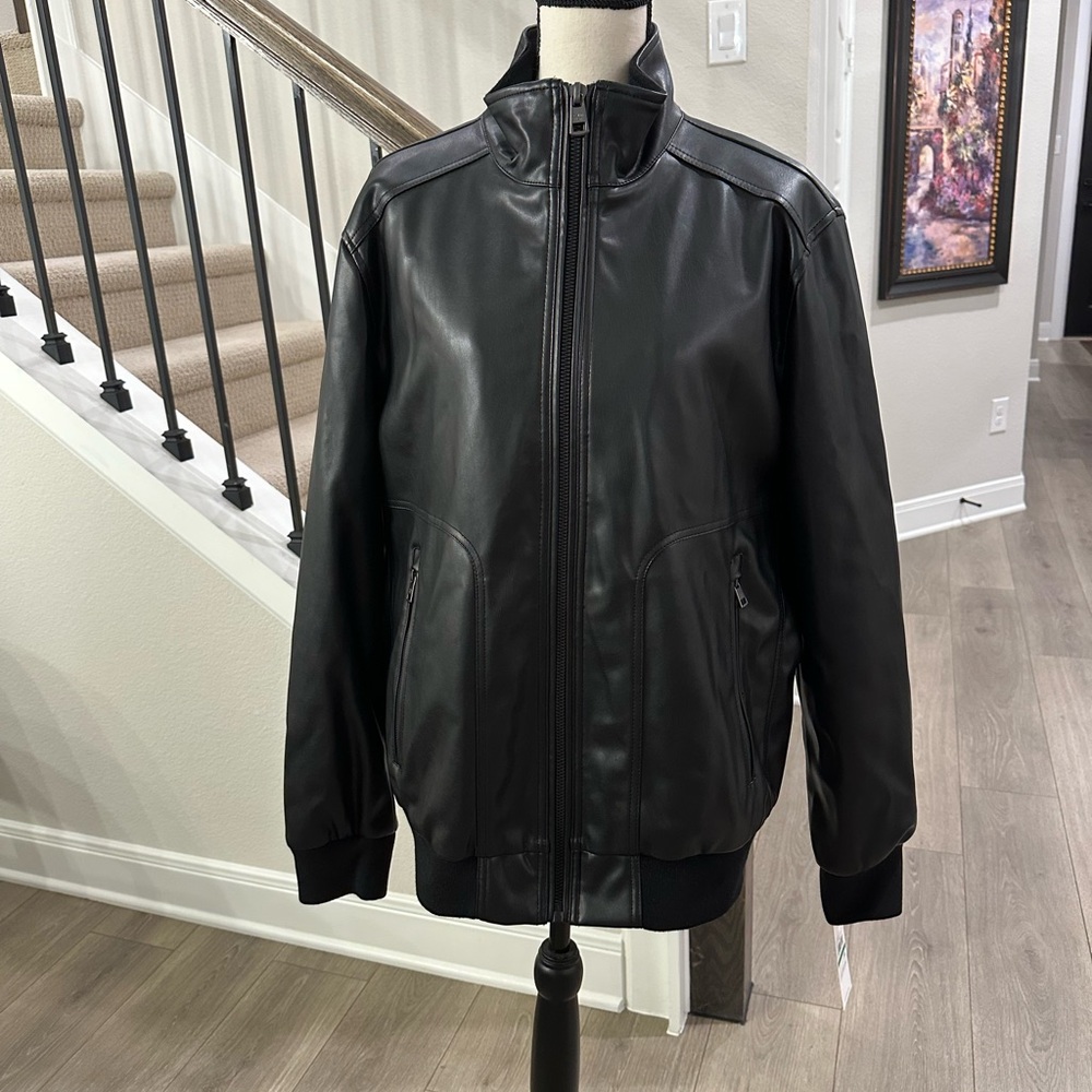 Calvin Klein Men’s Faux Leather Moto Jacket, Black , Large,NWT MSRP $225